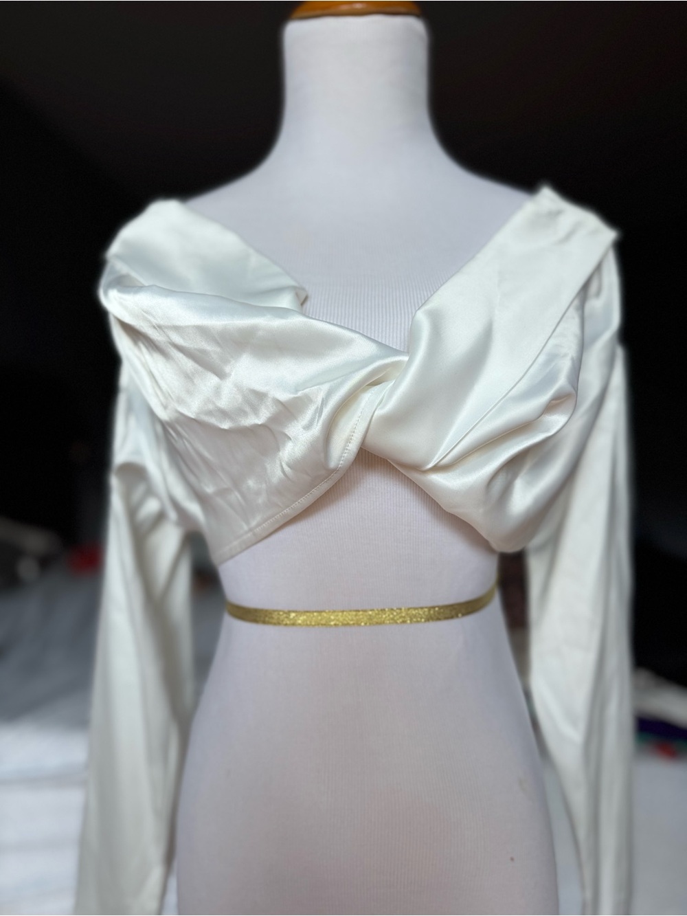 Satin Twist Front Long Sleeve Crop Top in Ivory